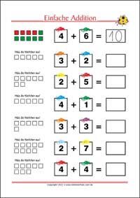Einfache Addition - Kostenlose Arbeitsblätter für Kinder als PDF zum Ausdrucken
