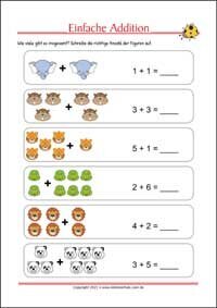 Einfache Addition - Kostenlose Arbeitsblätter für Kinder als PDF zum Ausdrucken