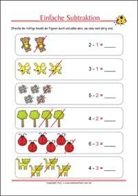 Einfache Subtraktion - Kostenlose Arbeitsblätter für Kinder als PDF zum Ausdrucken