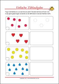Einfache Zählaufgabe - Kostenlose Arbeitsblätter als PDF zum Ausdrucken