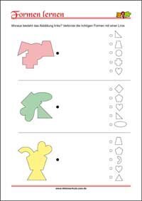 Geometrische Formen erkennen und zuordnen mit Lösungen – Kostenlose Arbeitsblätter für Kinder als PDF