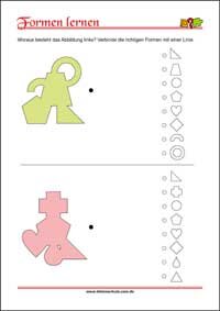Geometrische Formen erkennen und zuordnen mit Lösungen – Kostenlose Arbeitsblätter für Kinder als PDF
