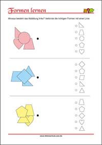 Geometrische Formen erkennen und zuordnen mit Lösungen – Kostenlose Arbeitsblätter für Kinder als PDF
