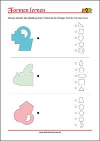 Geometrische Formen erkennen und zuordnen mit Lösungen – Kostenlose Arbeitsblätter für Kinder als PDF