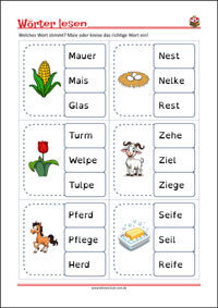 Arbeitsblätter / Klammerkarten für das erste Lesen in Klasse 1